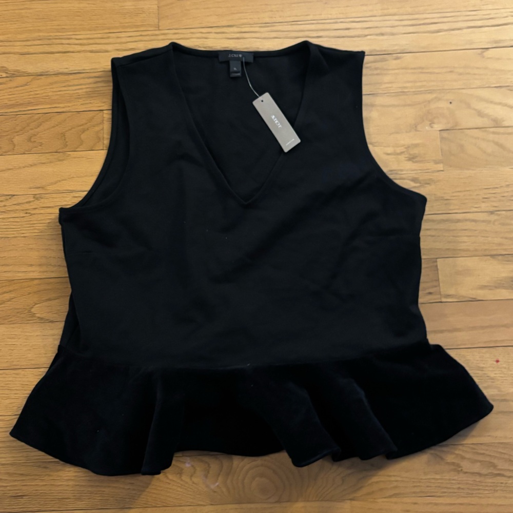 J Crew Peplum Top Black Sleeveless Top with Velvet Ruffle Hem V Neck XL NWT